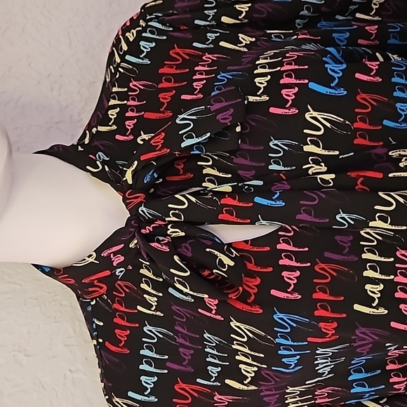 NEW YORK & COMPANY Black Happy Print Bow Tie Long Sleeve Blouse - Picture 4 of 9